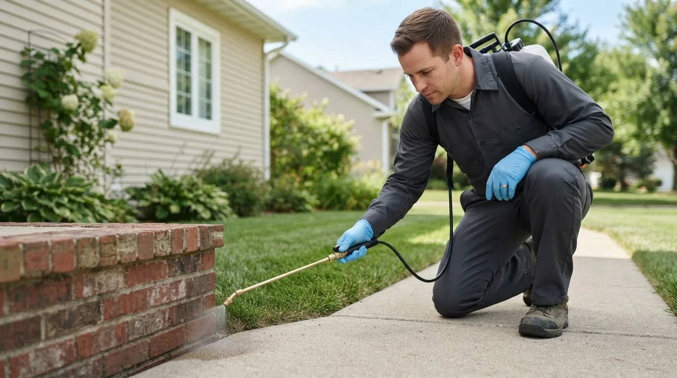Pest control technician treating a home near Williams, IN
